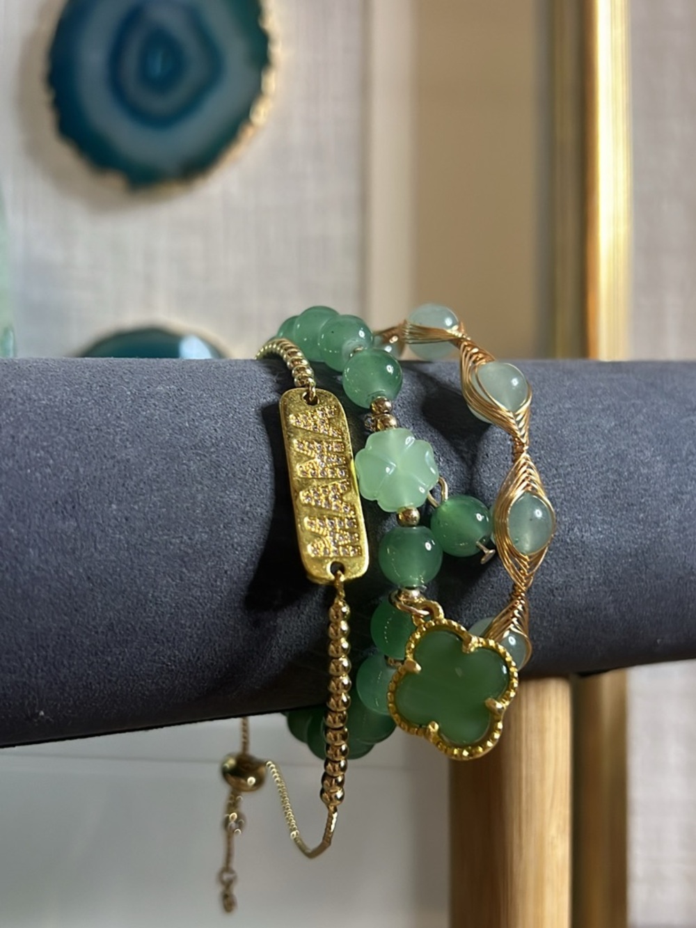 3PCS Set Gold and Green Aventurine Bead Bracelet with Clover Charm - Picture 6 of 7